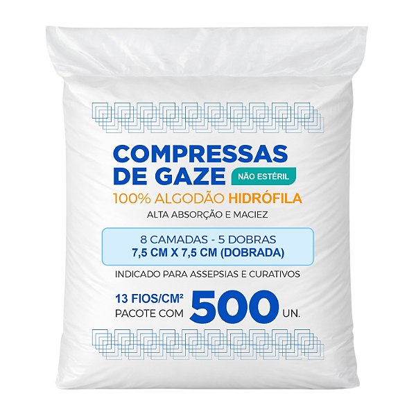 Compressa de Gaze Hidrófila Albamed 13 Fios 7,5x7,5cm 500 Unidades 100% Algodão  Alta Absorção