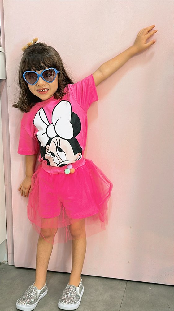 Short Saia Tule Infantil Rosa