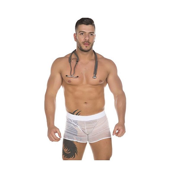 Cueca Boxer Tule Listrado - Branca Pimenta Sexy