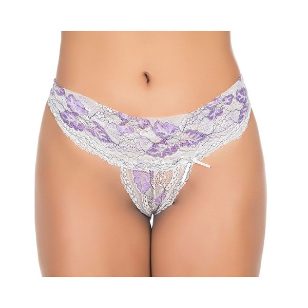 Calcinha Fio Dental Renda Dupla Branca Lilás Pimenta Sexy