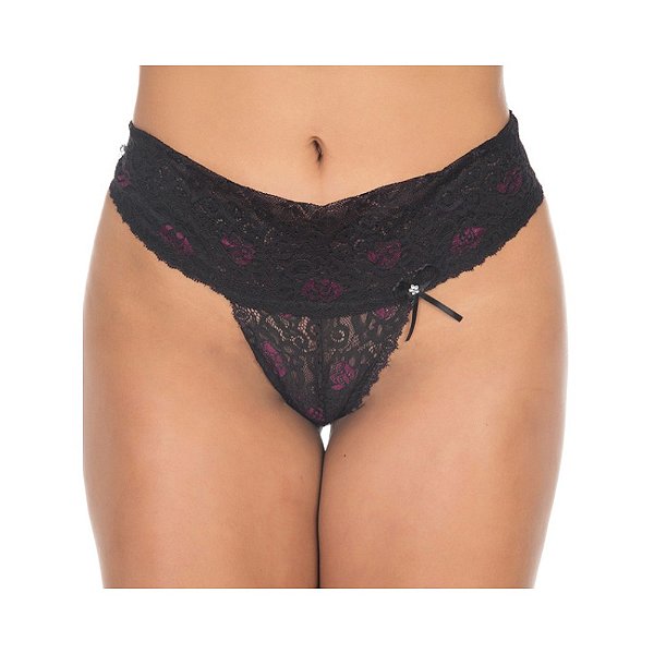 Calcinha Fio Dental Renda Dupla Preta Pimenta Sexy