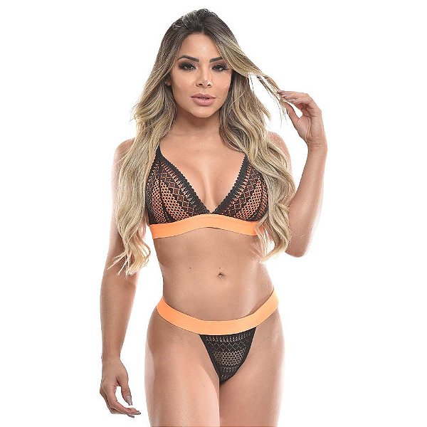 Conjunto Tanga Renda Elástico Neon Jô Lingerie