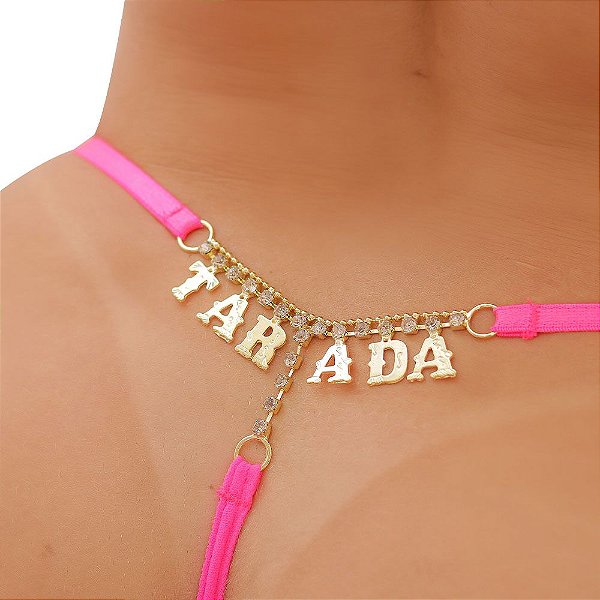 Fio Dental Sexy Rosa Neon Palavras Strass Tallyta