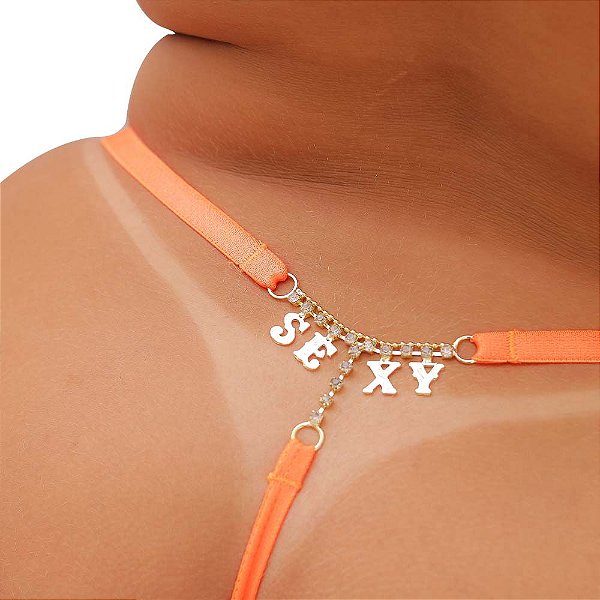 Fio Dental Sexy Plus Size Laranja Neon Palavras Strass Tallyta