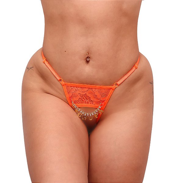 Fio Dental Laranja Neon Palavras Strass Frente Tallyta