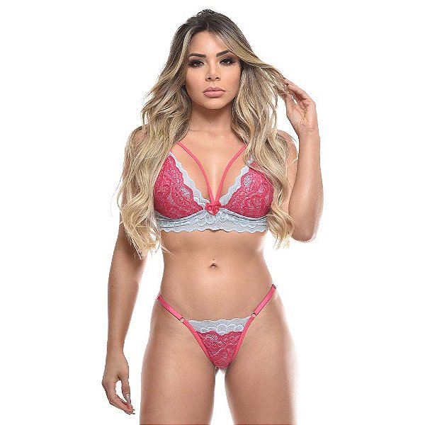 Conjunto Top Renda Bicolor Fio Dental Jô Lingerie