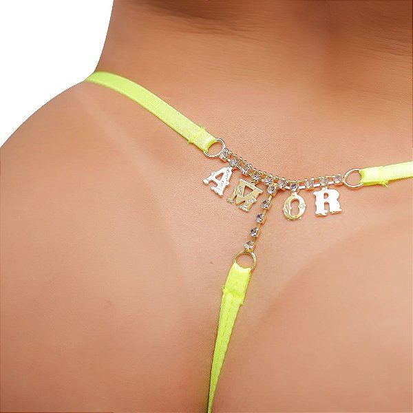 Fio Dental Amarelo Neon Palavras Strass Tallyta