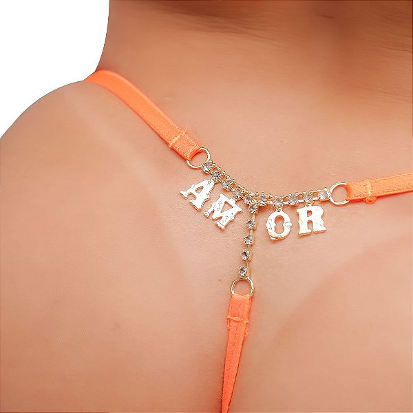 Fio Dental Laranja Neon Palavras Strass Tallyta