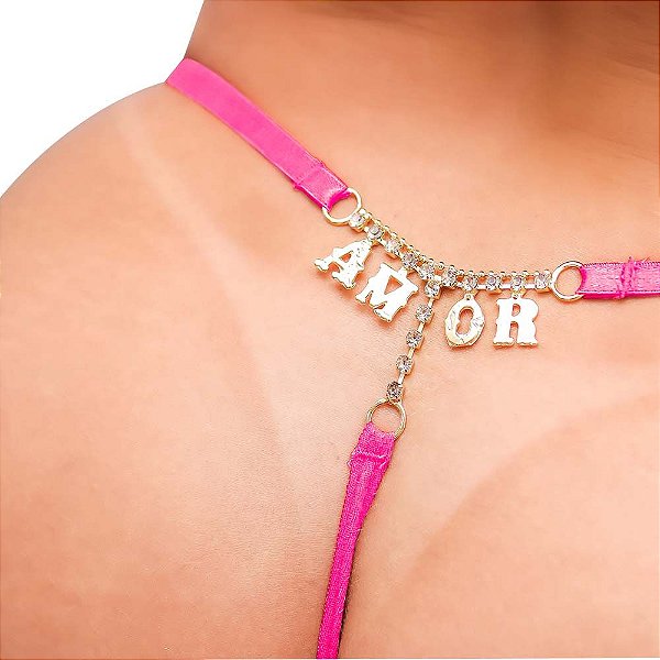 Fio Dental Rosa Neon Palavras Strass Tallyta