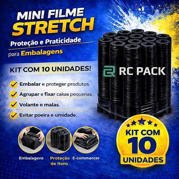 Kit 10 Rolos Filme Stretch Preto Pequeno 10mm x 120mm