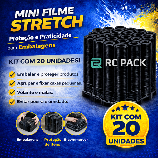 Kit 20 Rolos Filme Stretch Preto Pequeno 10mm x 120mm