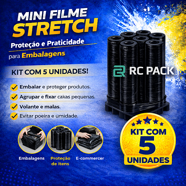 Kit 5 Rolos Filme Stretch Preto Pequeno 10mm x 120mm