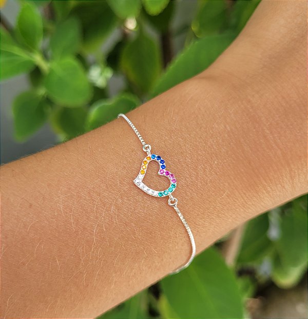 Pulseira Coração Colorido - Prata 925