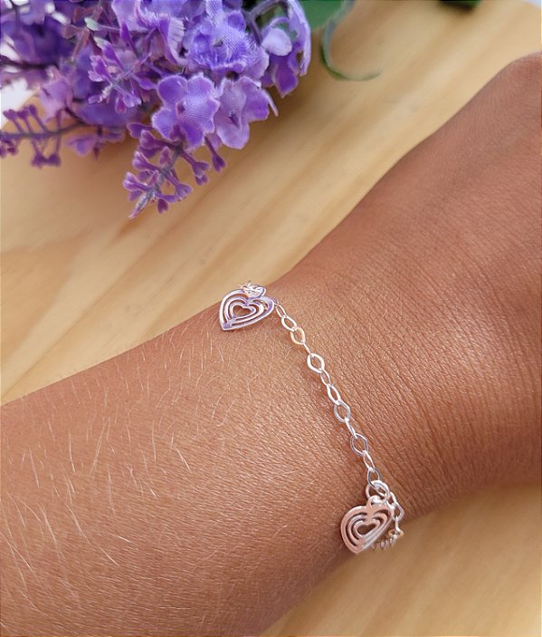 Pulseira Coração com Pingentes Vazado - Prata 925
