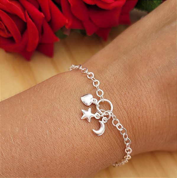 Pulseira Coração / Lua /Estrela - Prata 925