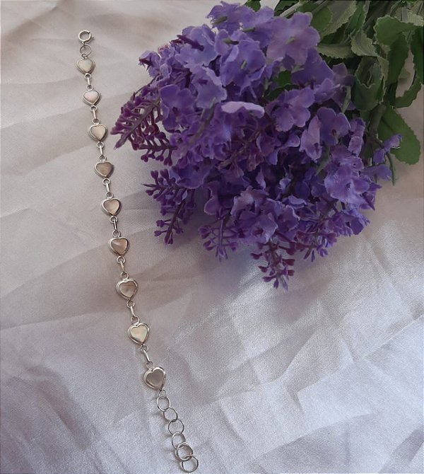 Pulseira Corações Madre Perola - Prata 925