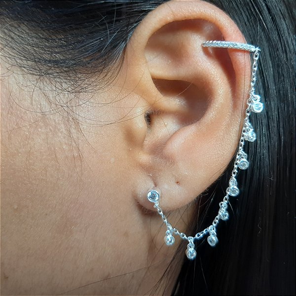 Brinco Diva (ponto de luz c/corrente e pirceng fake) - Prata 925