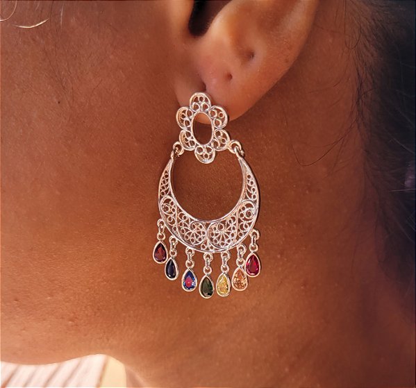 Brinco India Gota Coloridas - Prata 925