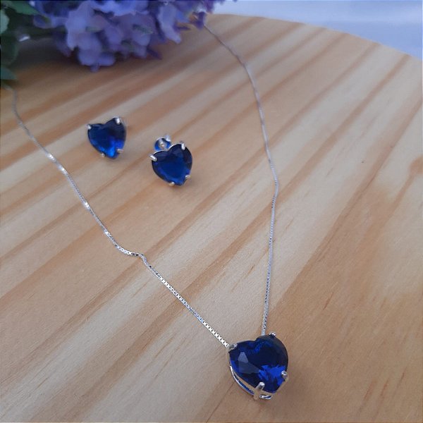 Conjunto Coração Azul - Prata 925