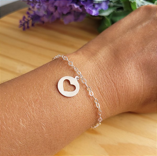 Pulseira Medalha Coração Vazado -Prata 925