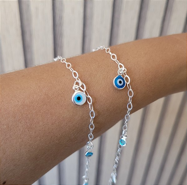 Pulseira Zircônias azuis c/ Olho grego - Prata 925