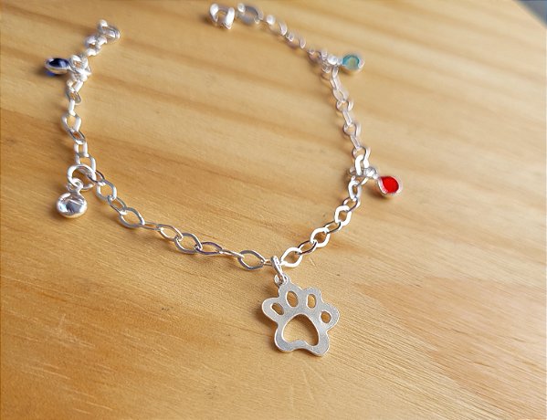 Pulseira Pata Pet c/ Zirc. Coloridas - Prata 925