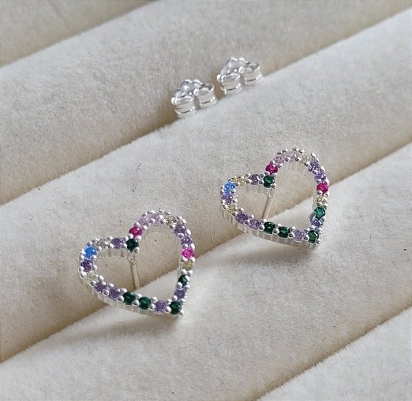 Brinco  Coração Color Cravejado - Prata 925