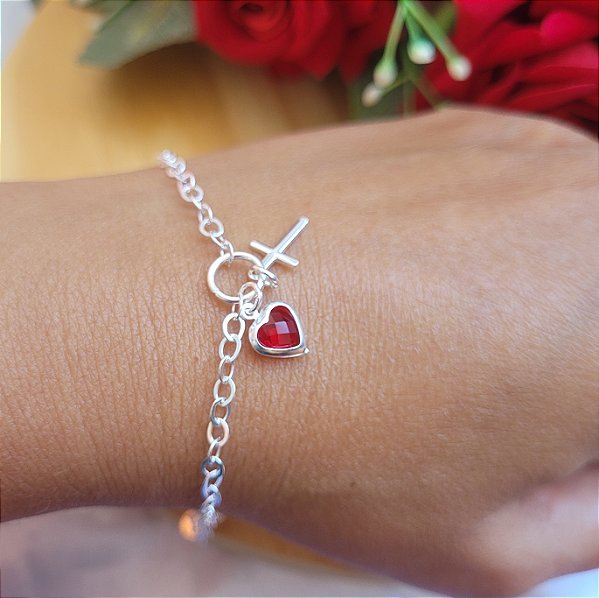 Pulseira Pingente Duplo Coração e Cruz - Prata 925