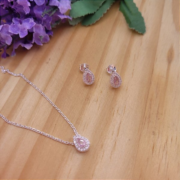 Conjunto Gota Rosa Cravejada Zircônia - Prata 925