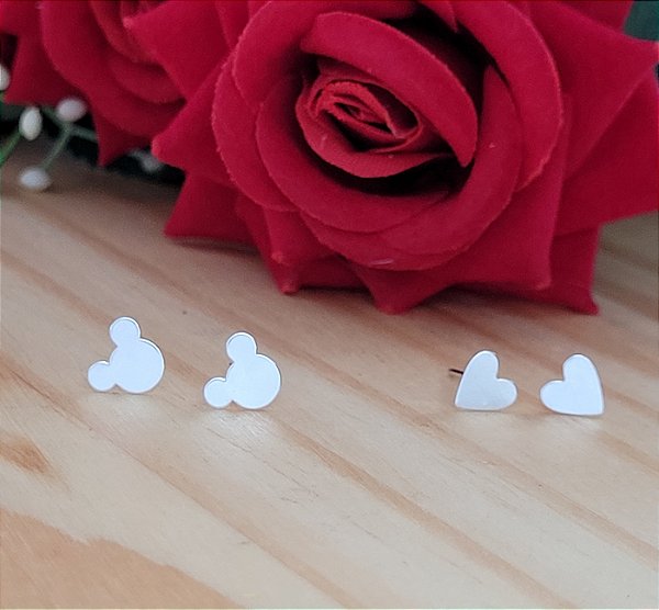 Brincos Coração e Mickey  2 Pares - Prata 925