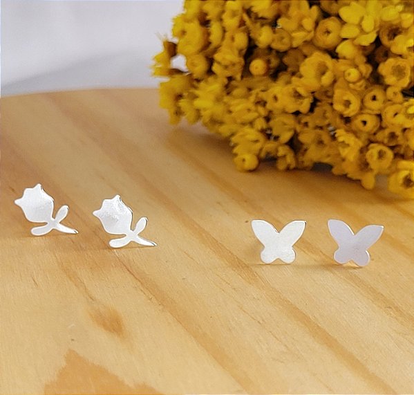Brinco Flor e Borboleta 2 Pares - Prata 925