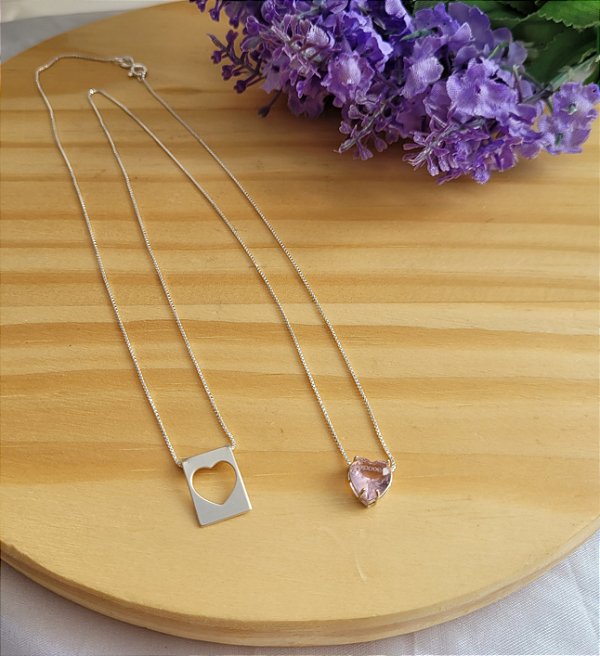 Escapulário Coração Rosa e Placa Vazada  - Prata 925