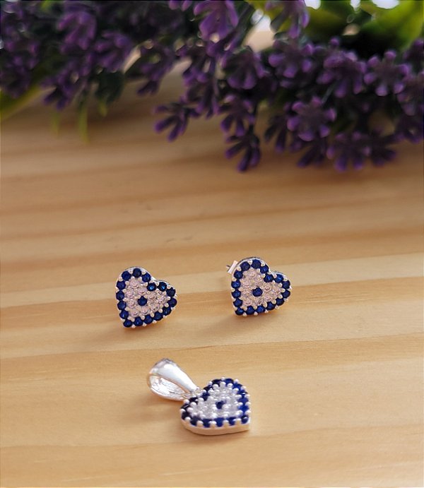 Conjunto Coração Zircônias Cristal com Azul - Prata 925