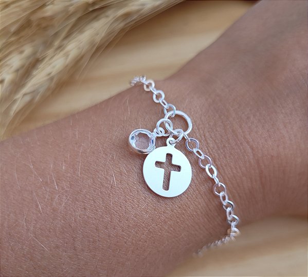 Pulseira Medalha Cruz e Pedra - Prata 925