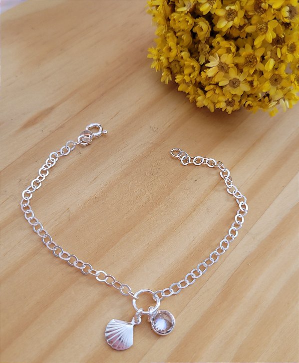 Pulseira Concha e Pedra Zircônia - Prata 925