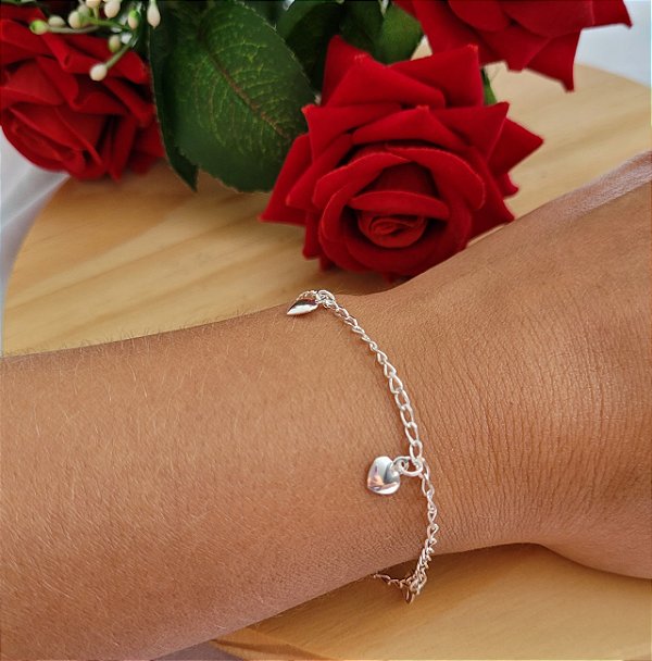 Pulseira Infantil Coração Pendurado- Prata 925