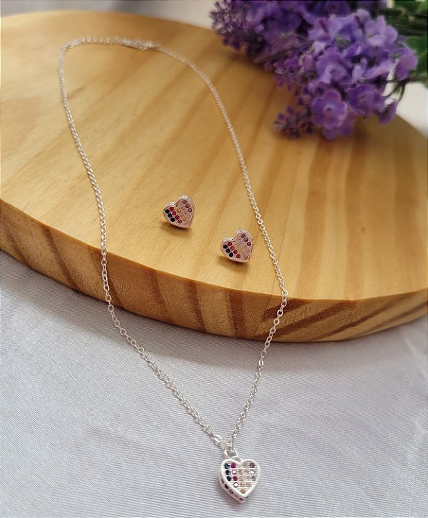 Conjunto Coração Happy - Prata 925