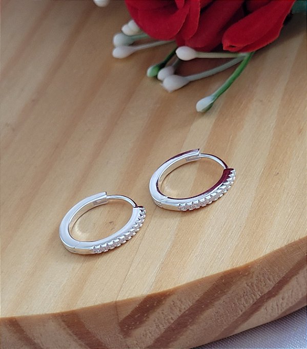 Argola click Cravejada 16mm - Prata 925