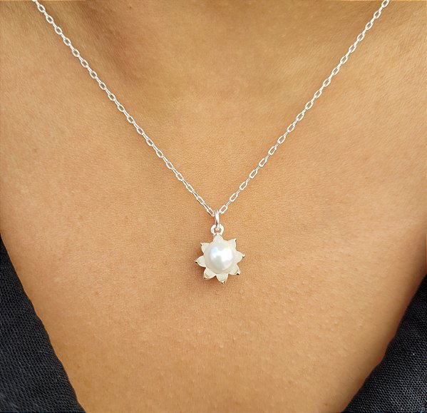 Colar Flor com Perola - Prata 925