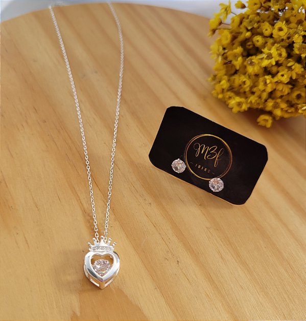Conjunto Coração Coroa com Zircônia - Prata 925