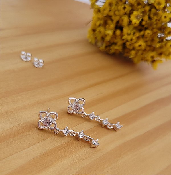 Brinco Flor com Zircônias penduradas - Prata 925