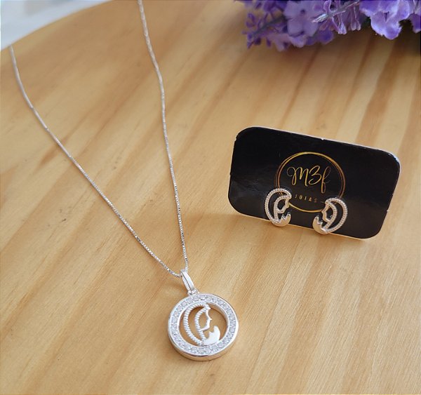 Conjunto Nossa Senhora de Fátima Zircônia - Prata 925