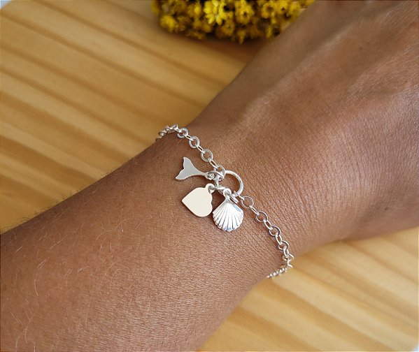 Pulseira Concha/ Rabo de sereia/ Coração - Prata 925
