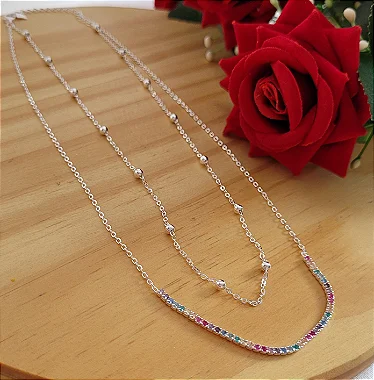 Colar Duplo Riviera e Bolinhas - Prata 925
