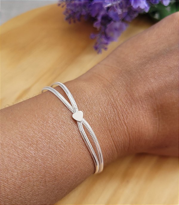 Pulseira Fita Dupla com Coração - Prata 925