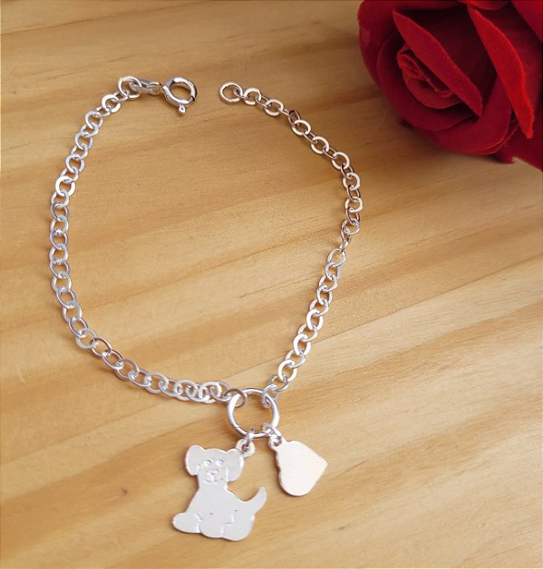 Pulseira Cachorro e Coração - Prata 925