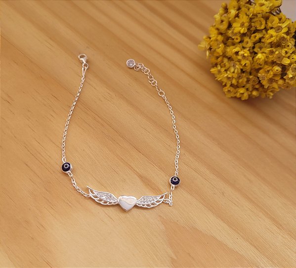 Pulseira  Coração c/ Asas e Olho grego - Prata 925