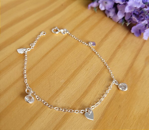 Pulseira Zircônia e Coração Pendurado - Prata 925