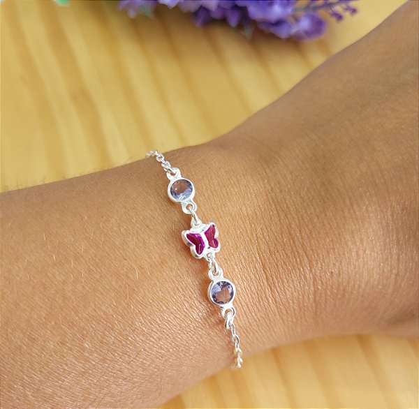 Pulseira Borboleta e Duas zircônias - Prata 925