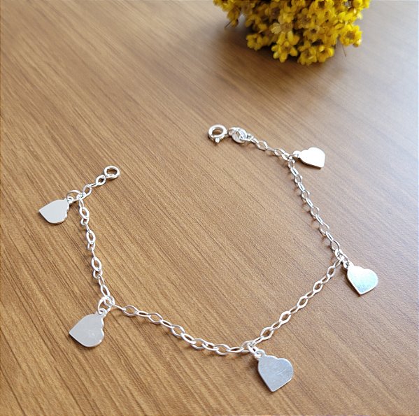 Pulseira  5 Corações Pendurados - Prata 925